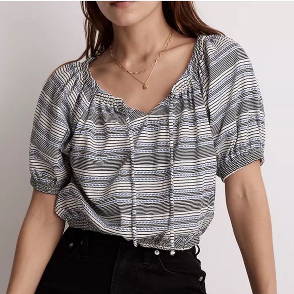 MADEWELL | Jacquard Keyhole Crop Top in Stripe Tranquil Ocean S - Picture 1 of 7